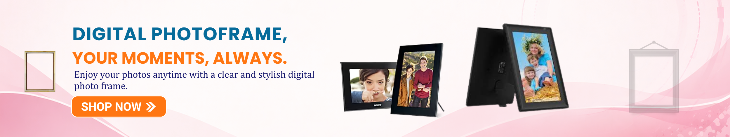 Digital photo frame displaying family photos with modern black frame design and “Shop Now” button promoting stylish digital photo frames for home décor.