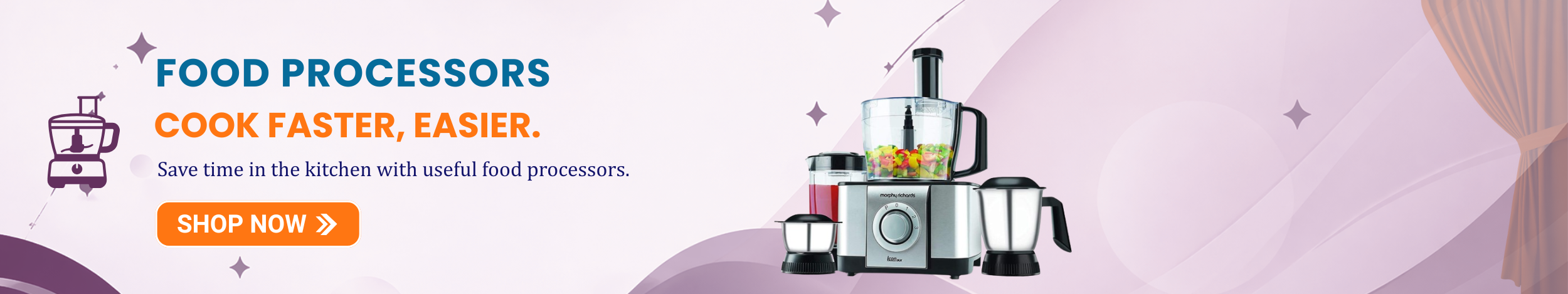 Multi-functional food processor with jars and blades, designed for fast and easy cooking with a “Shop Now” button.