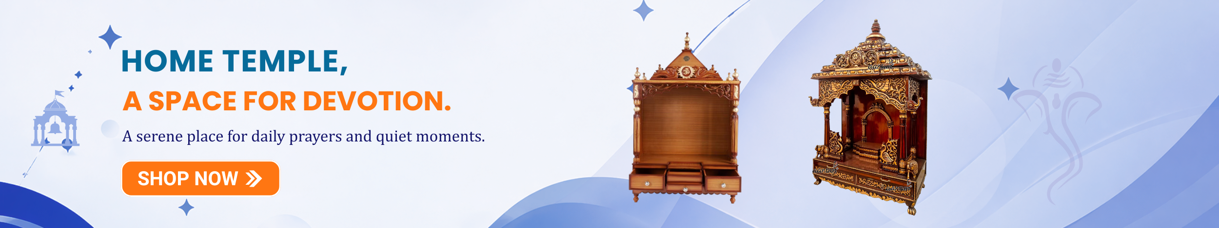 Wooden home temple mandir with traditional carved design and drawers featuring “Shop Now” button promoting elegant pooja mandir for home prayer space.