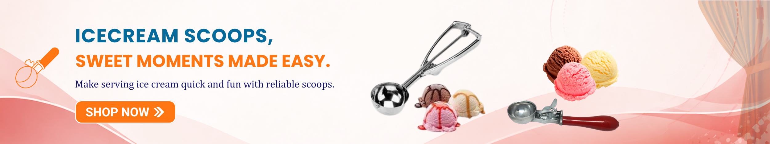 Stainless steel ice cream scoops with ergonomic handles and scoops of colorful ice cream displayed with “Shop Now” button promoting easy serving tools.