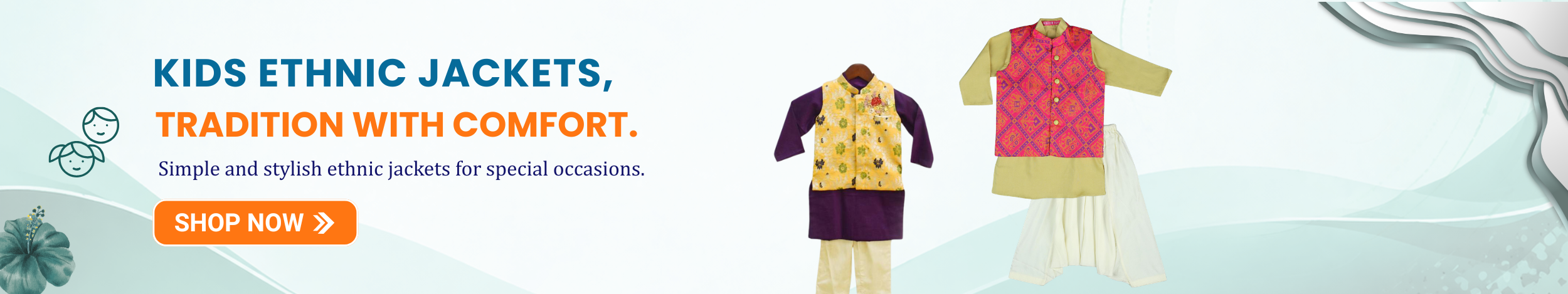 Kids ethnic jackets with traditional designs paired with kurta sets, perfect for festive and special occasions.