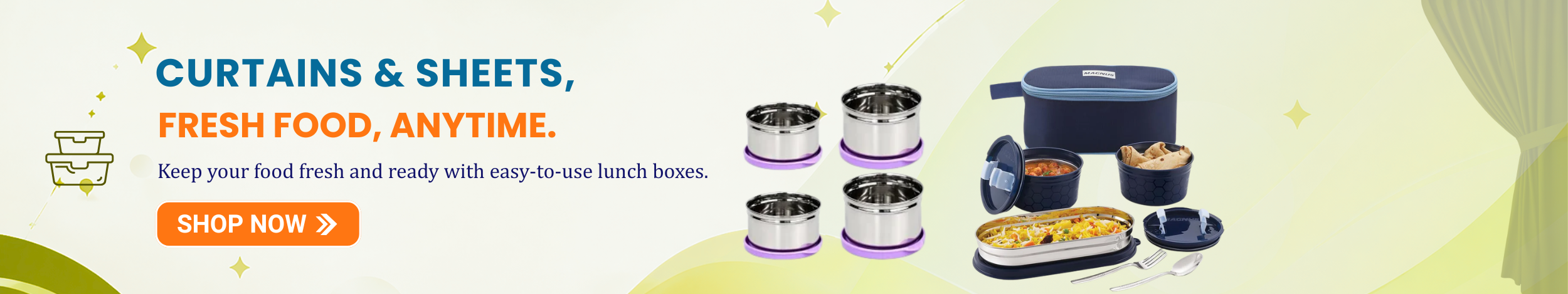 Stainless steel lunch boxes and insulated lunch bag set for keeping food fresh and organized, with a “Shop Now” button.