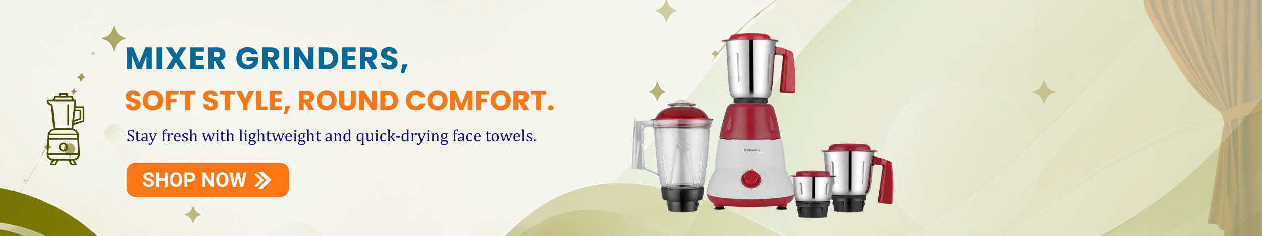 Mixer grinder with multiple jars for blending, grinding, and mixing ingredients easily, displayed with a “Shop Now” button.