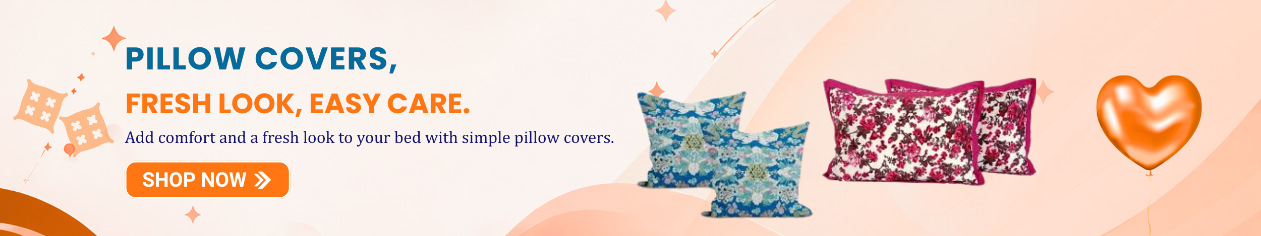 Printed pillow covers with floral and modern designs in blue and pink colors featuring “Shop Now” button promoting stylish and easy-care pillow covers for home décor.