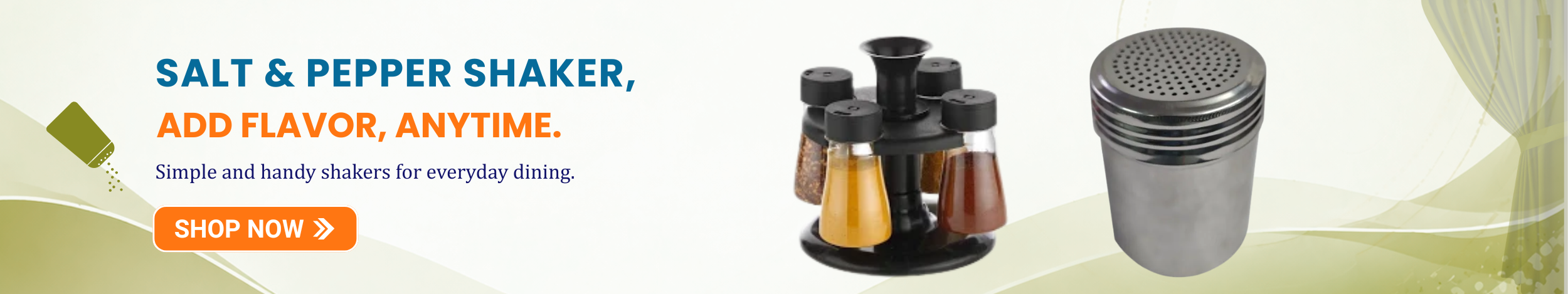 Salt and pepper shaker set for dining table, designed for easy seasoning and everyday kitchen use.