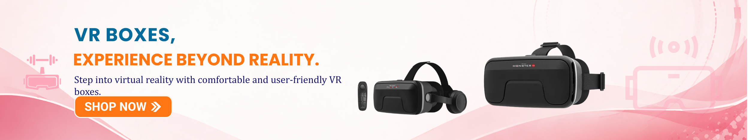 Virtual reality VR boxes with head-mounted display and controller featuring “Shop Now” button promoting immersive VR headsets for gaming, videos, and 3D experiences.