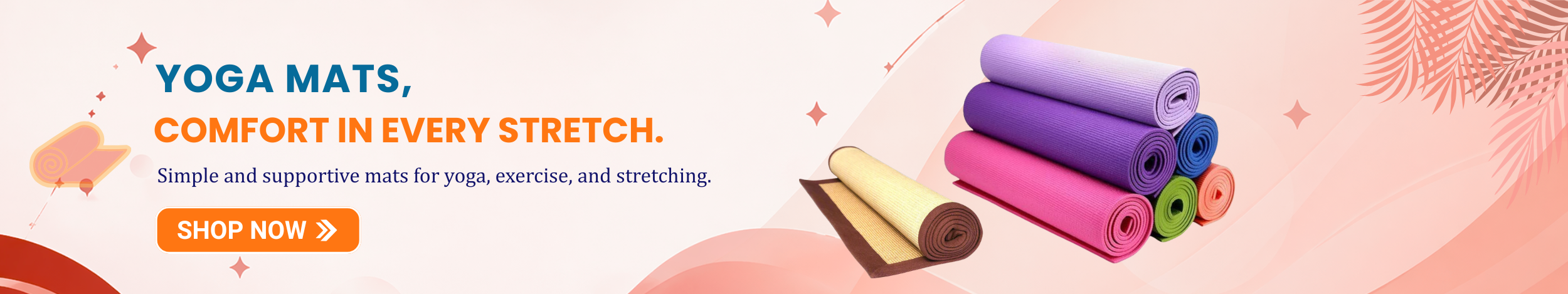 Colorful yoga mats rolled and stacked with non-slip texture featuring “Shop Now” button promoting comfortable and supportive yoga mats for exercise and fitness.